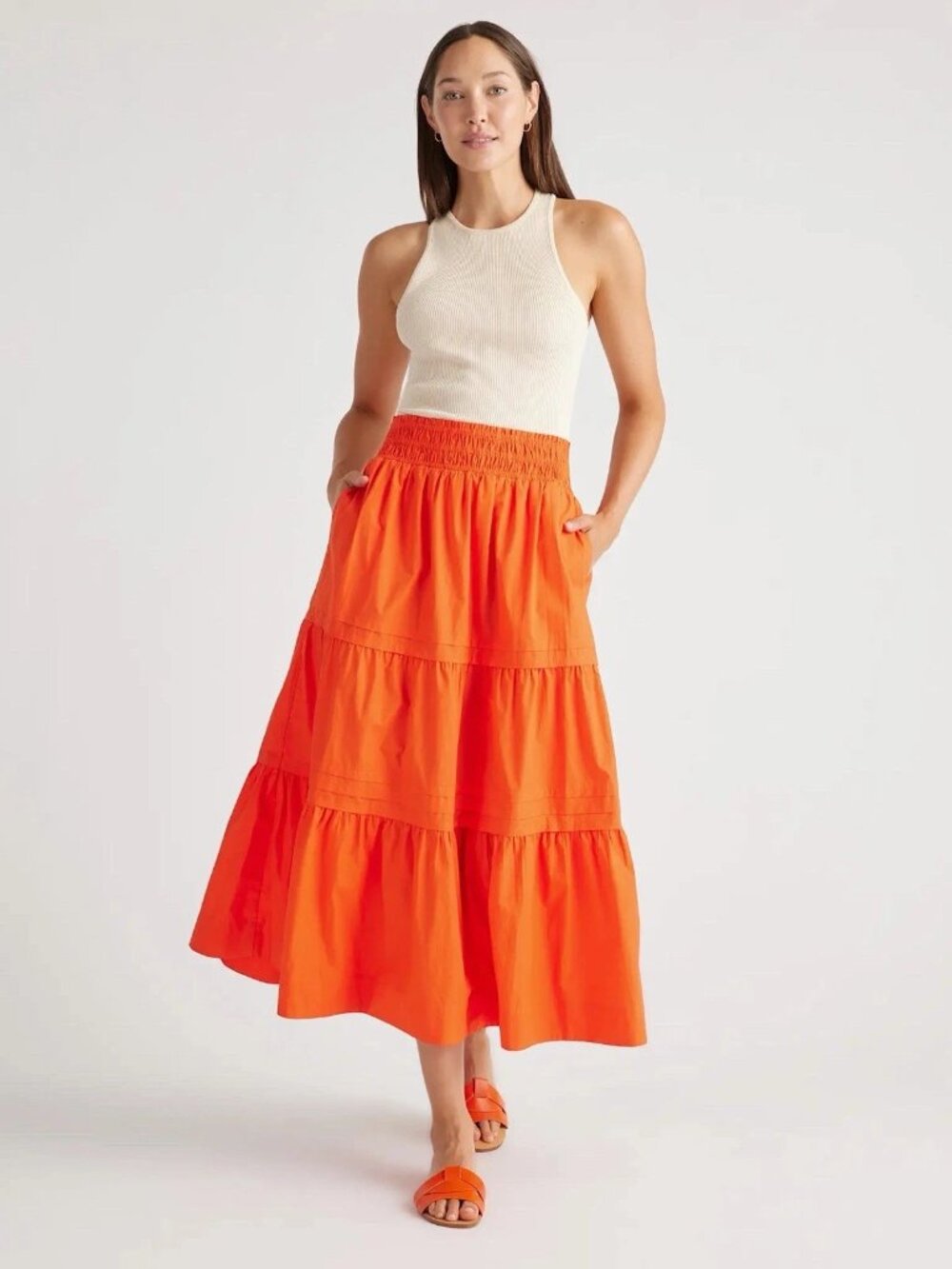 Quince 100% Organic Cotton Poplin Tiered Maxi Skirt Vermillon Red Orange Size M